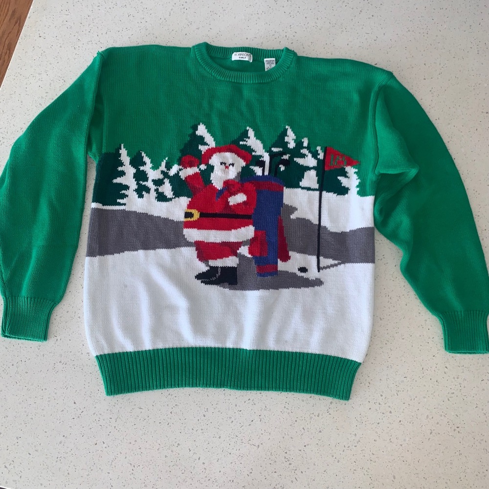 Vintage Robinsons Golf Santa Sweater Mens Large Green Cotton Ugly Christmas 90s